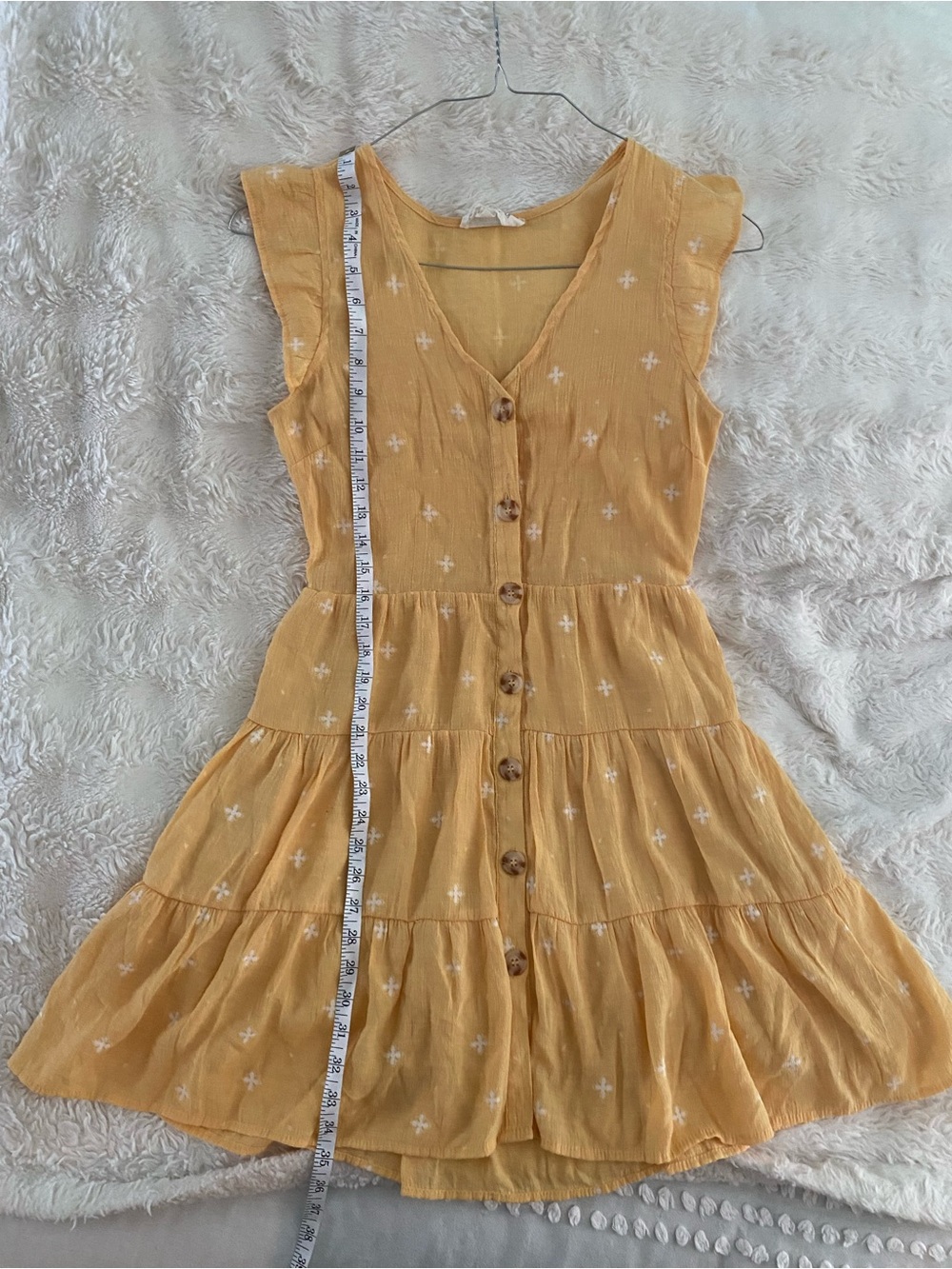 Sweet Wanderer Mustard Yellow Embroidered Button Front Tiered Mini Dress Medium